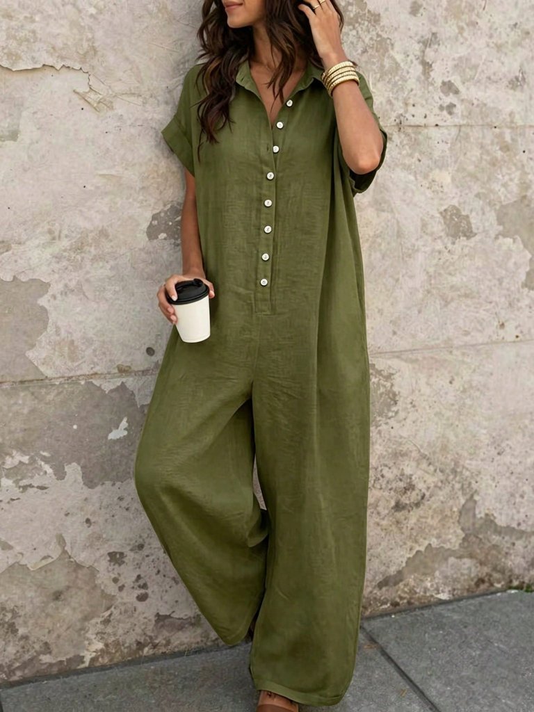 Green Casual Women's Collared Short Sleeve Wide Leg Jumpsuit